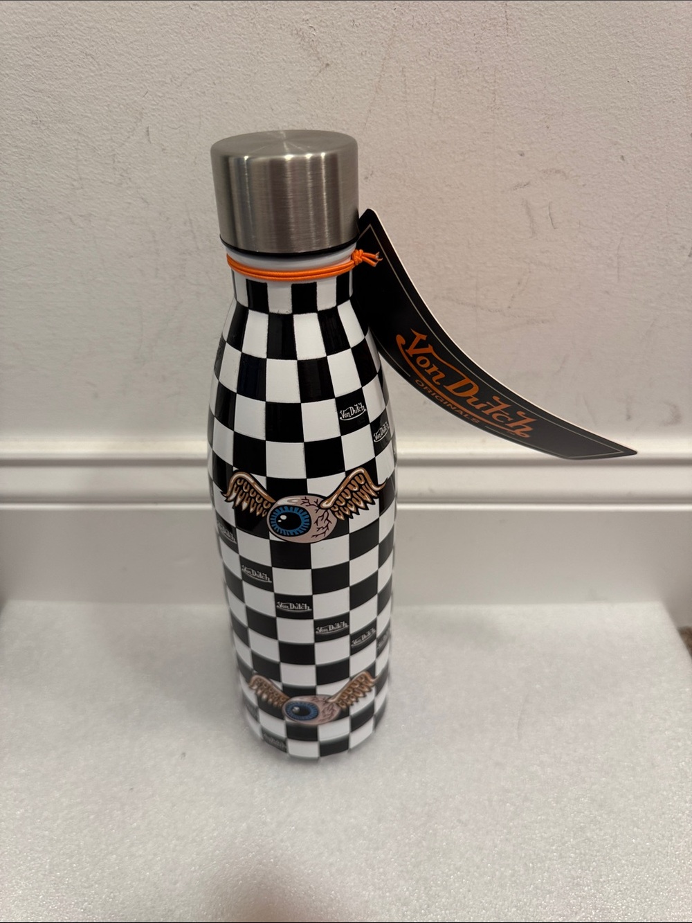 Von Dutch Black & White Checkered Stainless Water Bottle Winged Eye Motif NWT